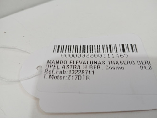  MANDO ELEVALUNAS TRASERO DERECHO OPEL ASTRA H BERLINA 