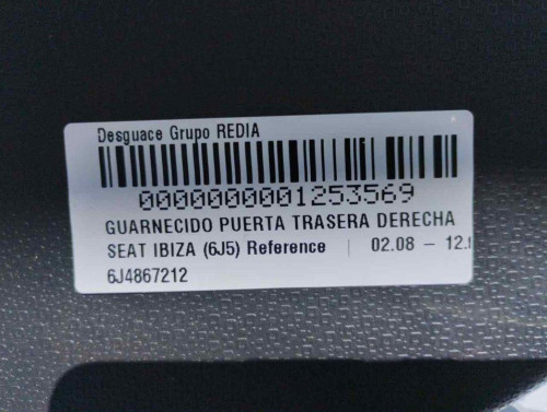 GUARNECIDO PUERTA TRASERA DERECHA Seat IBIZA BERLINA (6J5) 