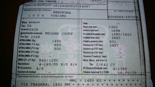 RENAULT MEGANE I FASE 2 COUPE (DA...) — автомобиль-донор на запчасти 