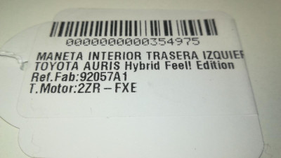 MANETA INTERIOR TRASERA IZQUIERDA, TOYOTA, AURIS (E18)