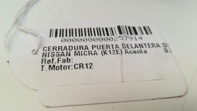 CERRADURA PUERTA DELANTERA DERECHA, NISSAN, MICRA (K12E)