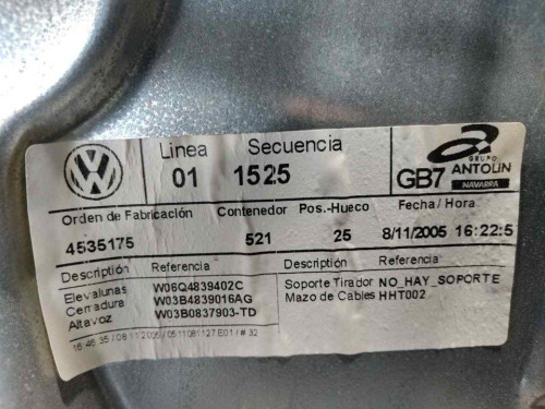 ELEVALUNAS TRASERO DERECHO Volkswagen POLO IV (9N3) 