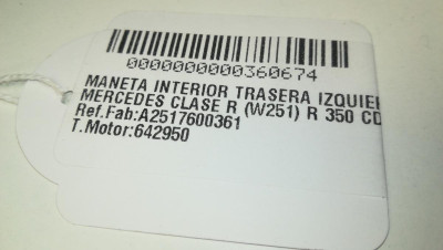 MANETA INTERIOR TRASERA IZQUIERDA, MERCEDES-BENZ, CLASE R (BM 251)