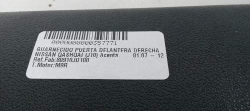 GUARNECIDO PUERTA DELANTERA DERECHA NISSAN QASHQAI +2 (JJ10) 