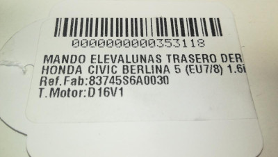MANDO ELEVALUNAS TRASERO DERECHO, HONDA, CIVIC 5 PUERTAS (EU7/8)
