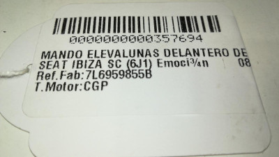 MANDO ELEVALUNAS DELANTERO DERECHO, SEAT, IBIZA SC (6J1)