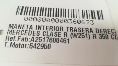 MANETA INTERIOR TRASERA DERECHA, MERCEDES-BENZ, CLASE R (BM 251)