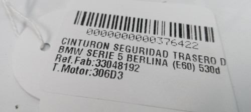  CINTURON SEGURIDAD TRASERO DERECHO BMW SERIE 5 BERLINA (E60) 