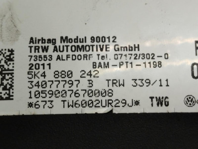 AIRBAG LATERAL DERECHO, VOLKSWAGEN, GOLF VI (5K1)(10.2008)
