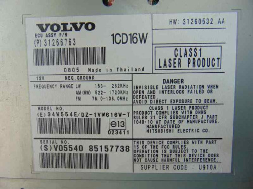  SISTEMA AUDIO / RADIO CD VOLVO C30 