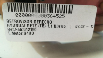 RETROVISOR DERECHO, HYUNDAI, GETZ (TB)