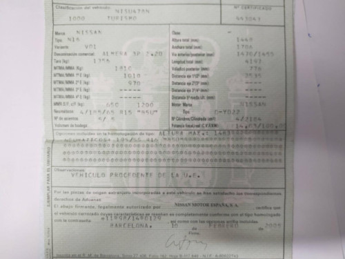 NISSAN ALMERA (N16/E) — vehículo donante para recambios 
