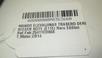 MANDO ELEVALUNAS TRASERO DERECHO, NISSAN, NOTE (E11E)