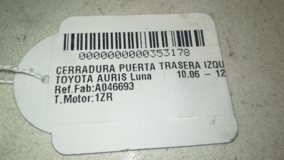 CERRADURA PUERTA TRASERA IZQUIERDA, TOYOTA, AURIS (E15)