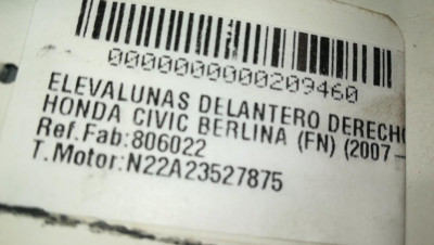 ELEVALUNAS DELANTERO DERECHO, HONDA, CIVIC 5 PUERTAS (FK)