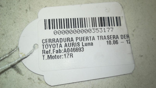  CERRADURA PUERTA TRASERA DERECHA, TOYOTA, AURIS (E15) 